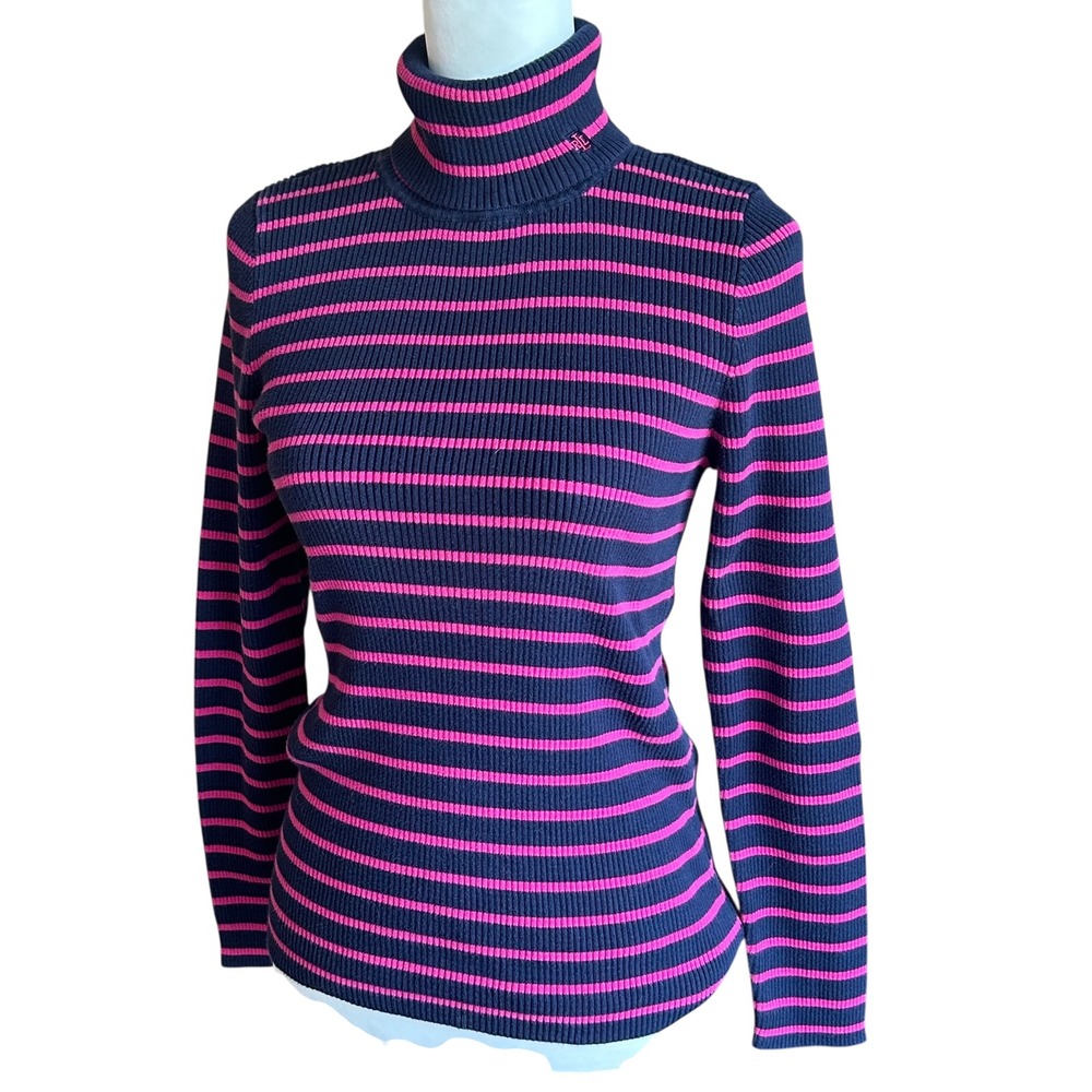 Lauren Ralph Lauren Petite Large Navy Pink Striped‎ Ribbed Turtleneck Sweater